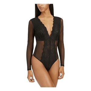 INC International Concepts Long-Sleeve Lace Mesh Bodysuit Deep Black M